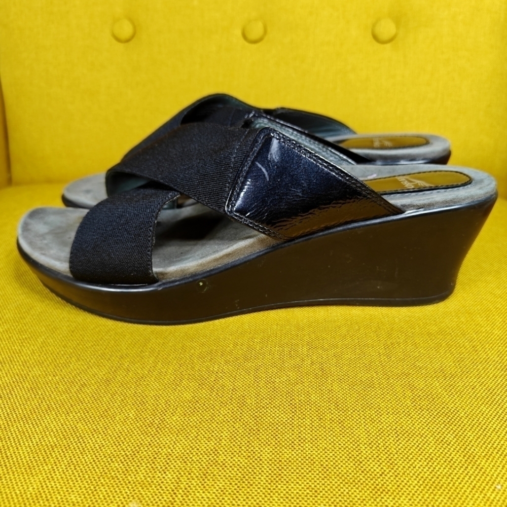 Dansko Wedge Slip On Sandal Slide Black Ava/Elastic Cross Strap Women's 10.5-11